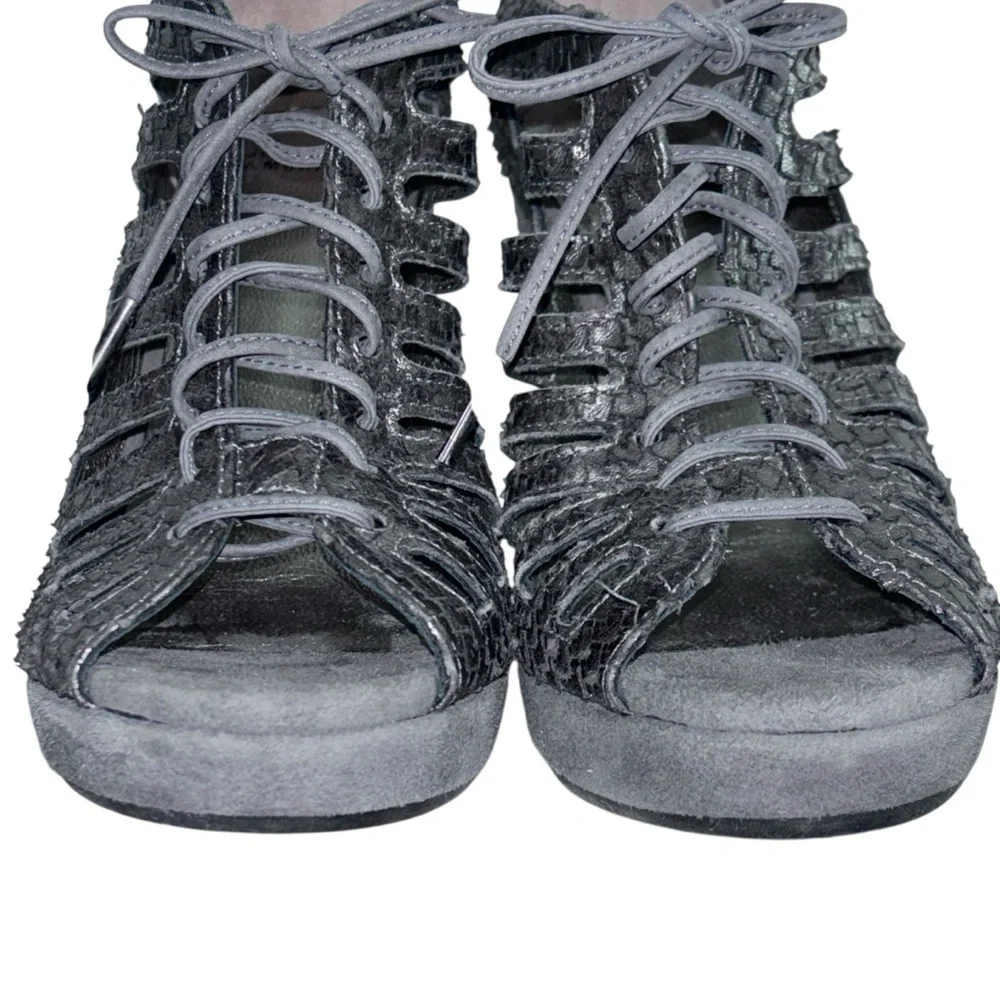 Johnston Murphy Maddie Caged Wedge Platform Sandals Pewter Leather